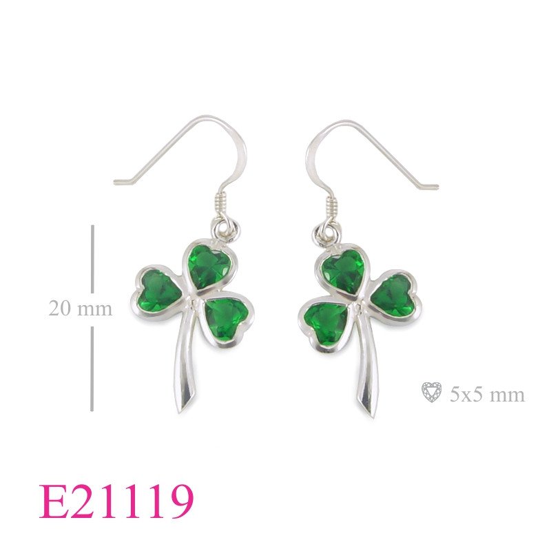 Heart Earrings, Shamrock Earrings, Shamrock with 3 Emerald Glass stones.
