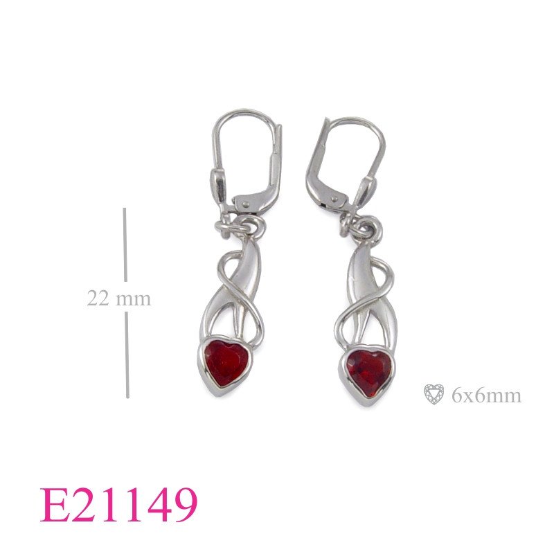 Earrings, Rhodium plated vine design with Ruby Glass heart stone.