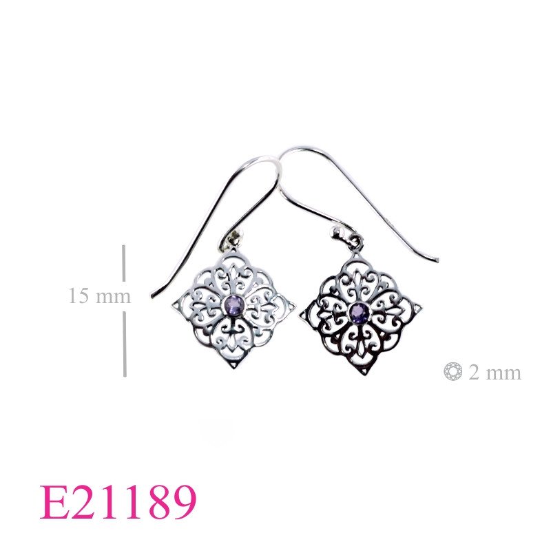 Earrings, square stencil design with round Real Amethyst stone.