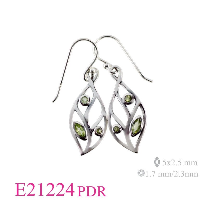Earrings, cut out leaf design with Real Peridot stones.