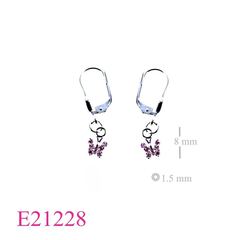 Butterfly Earrings, CZ Earrings, small with  Pink CZ stones and lever back hook.