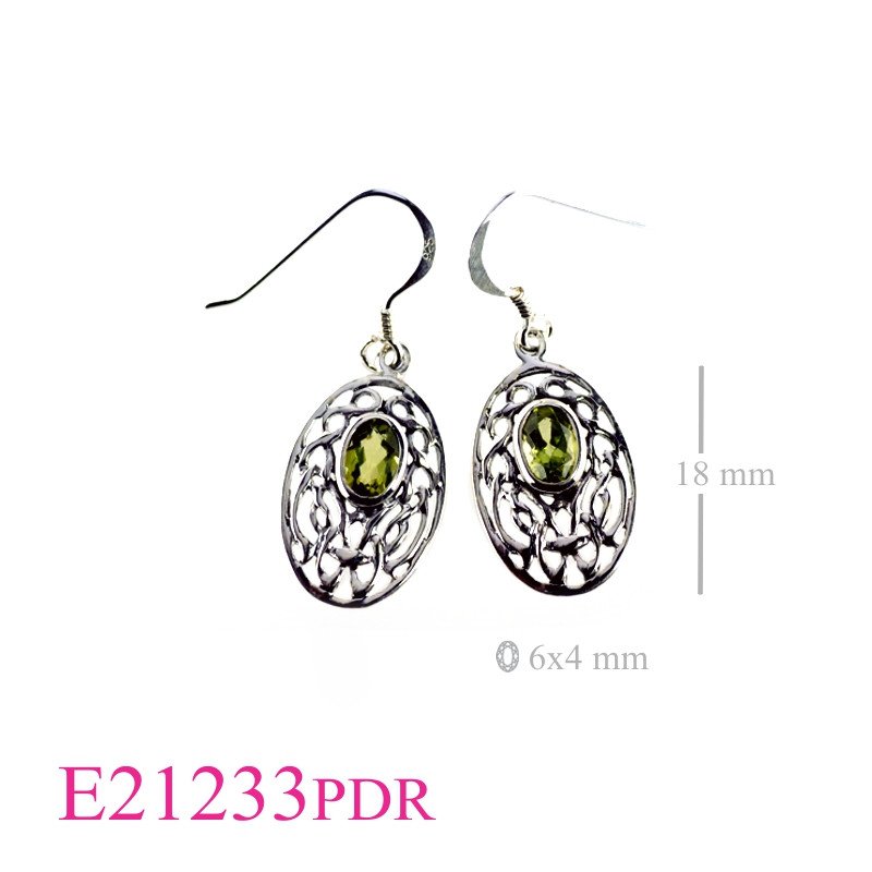 Earrings, oval cut out Celtic with oval Real Peridot stone.