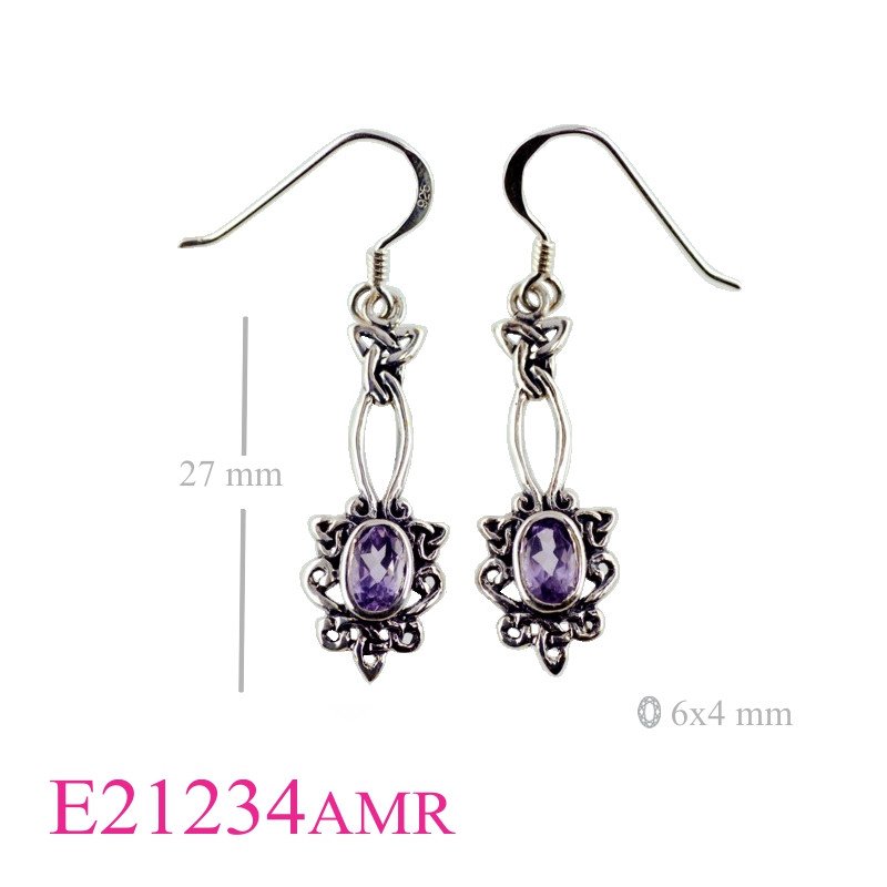 Earrings, open Celtic around oval Real Amethyst stone.
