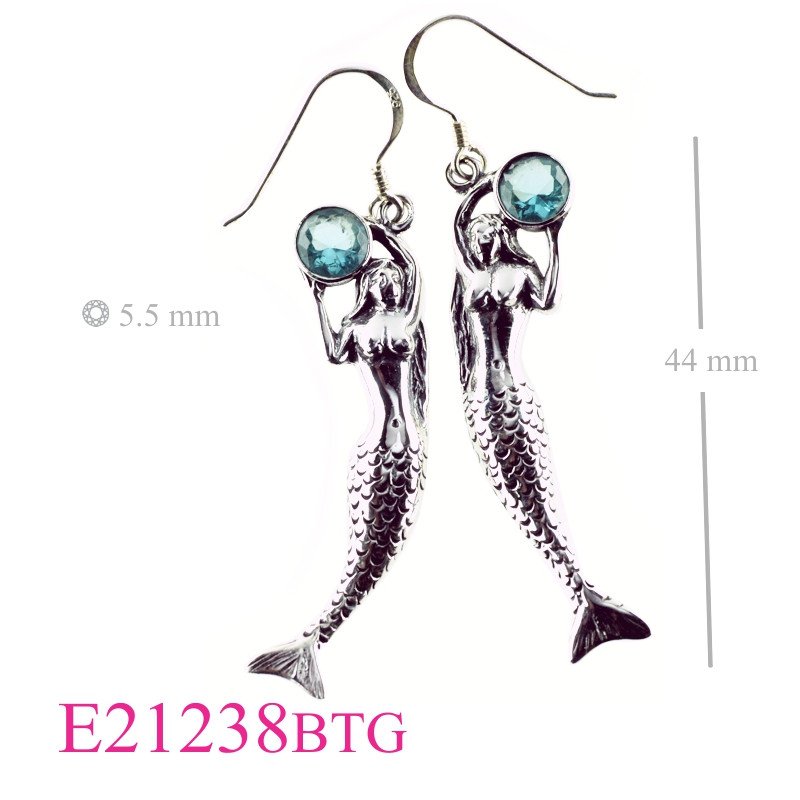 Earrings, mermaid holding round Blue Topaz Glass stone.