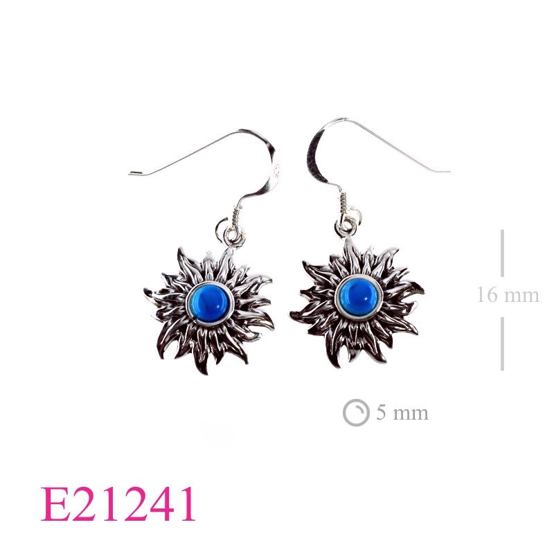 Earrings, sun design with round cabochon stone.