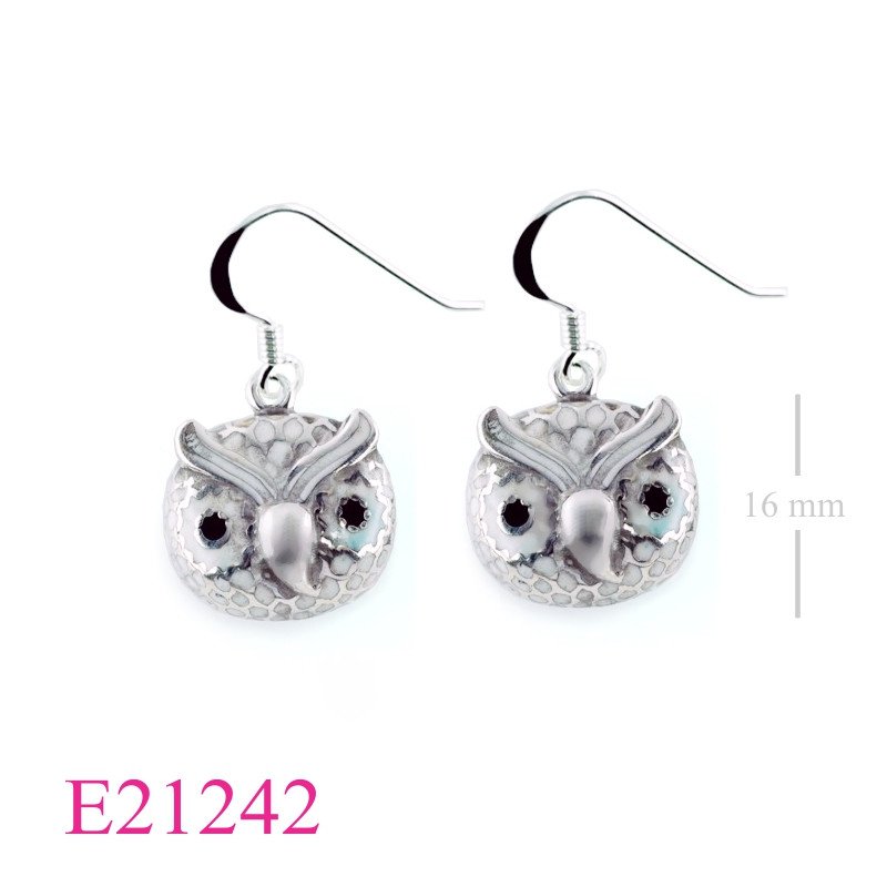 Earrings, enamel owl head.