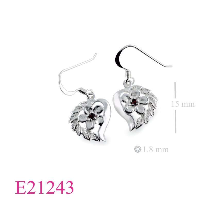 Flower Earrings, Heart Earrings, sandblast champac in with small  Real Garnet stone.