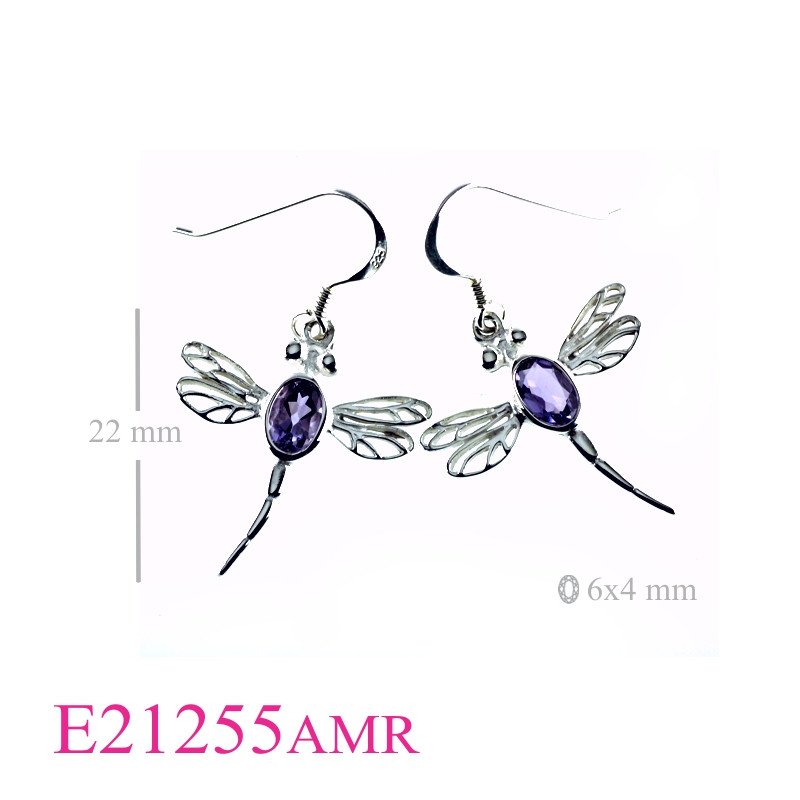Earrings, dragonfly with oval Real Amethyst stone