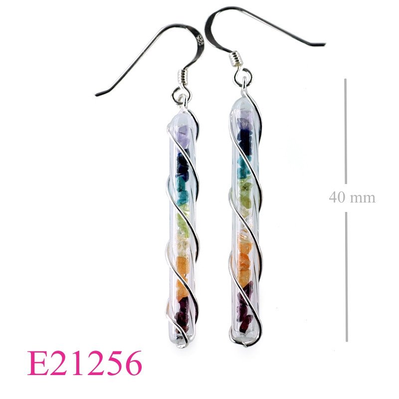 Earrings, chakra stones in glass tube.
