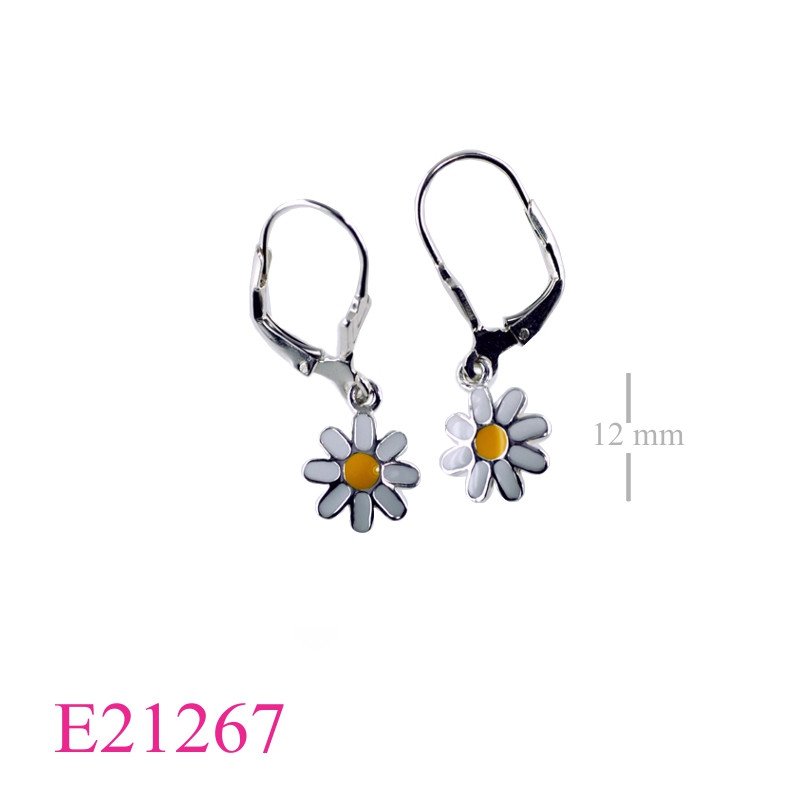 Earrings, enamel flower with lever back hook.