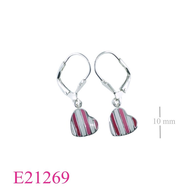 Earrings, enamel stripe heart with Lever back hook.