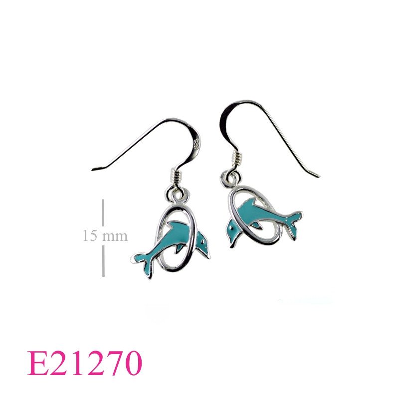 Earrings, enamel dolphin in hoop.