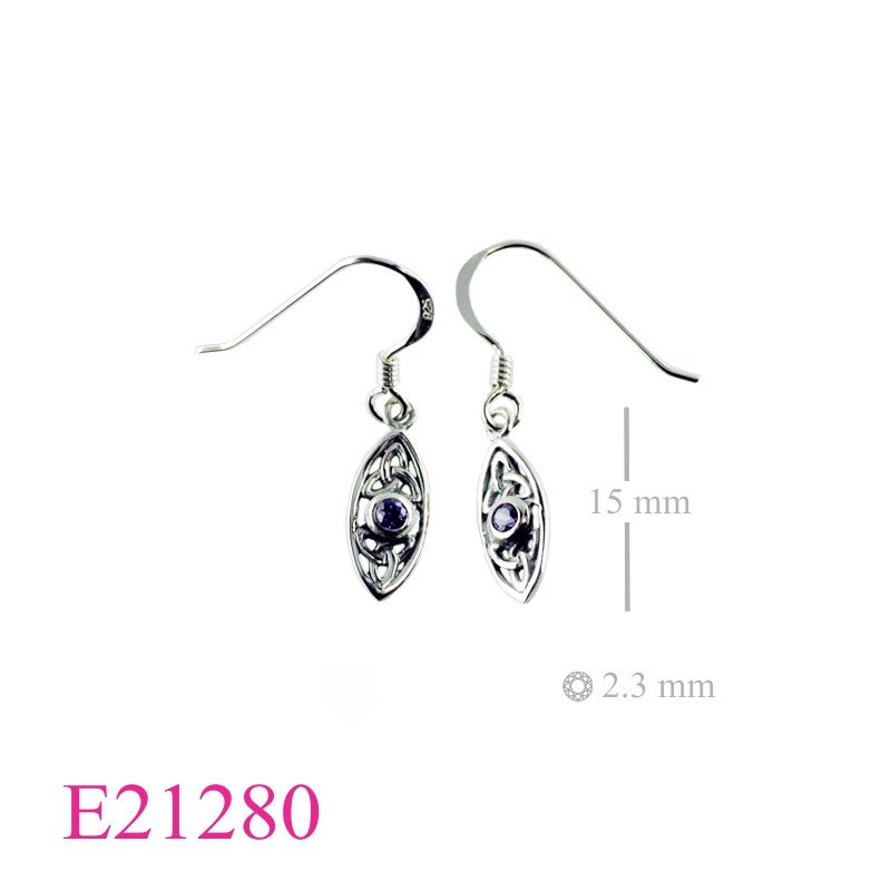 Earrings, 2 Trinities in eye shape shape with Amethyst CZ stone.