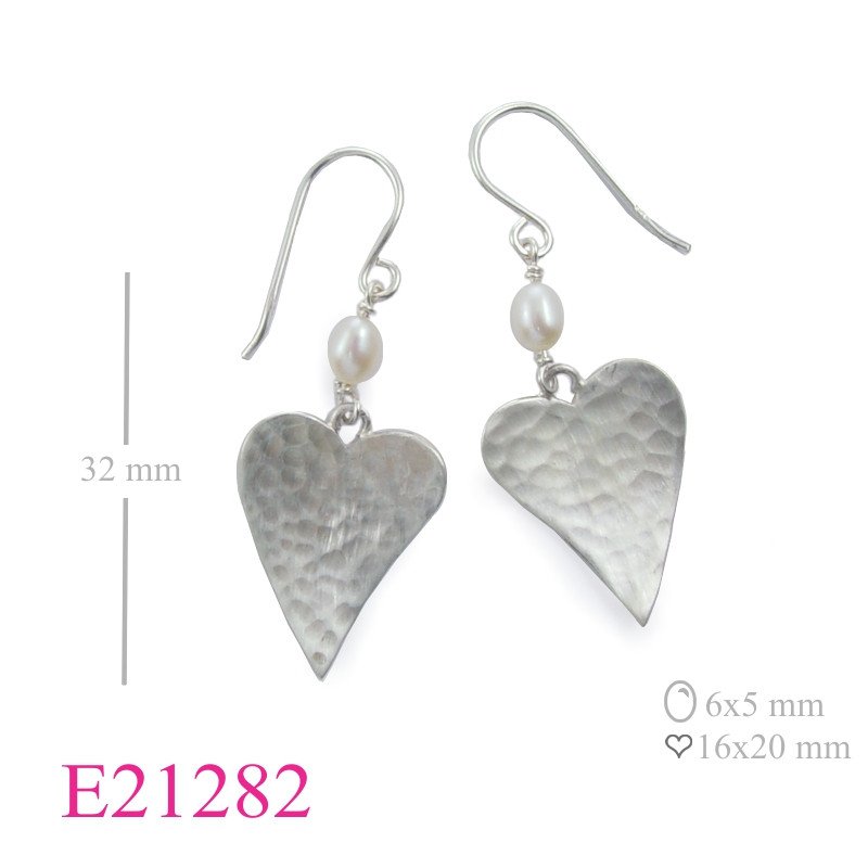 Earrings, 16mm hammered heart and FW perl.