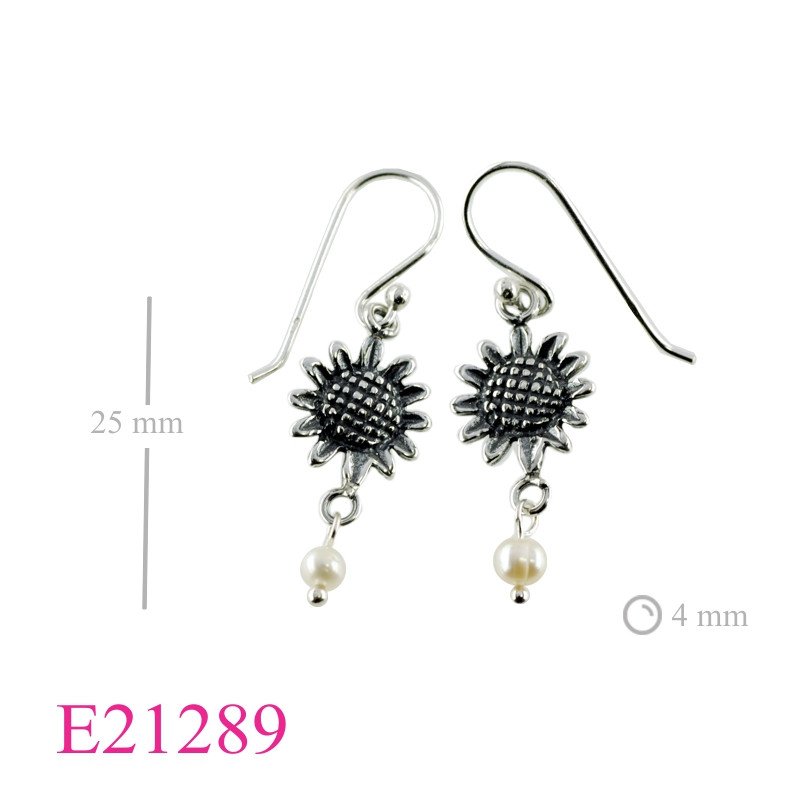 Sunflower Earrings, sunflower and hanging FW perl