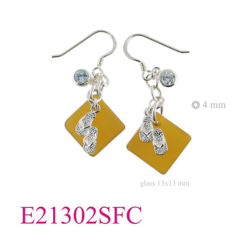 CZ Earrings, Sea Earrings, sandals + round CCZ and 13mm diagonal square shape Brown Sea Glass.