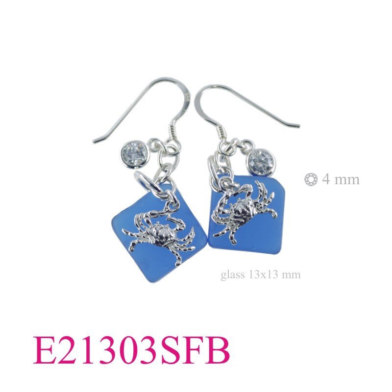 CZ Earrings, Sea Earrings, Crab Earrings, crab + round CCZ and 13mm diagonal square shape deep Blue Sea Glass.