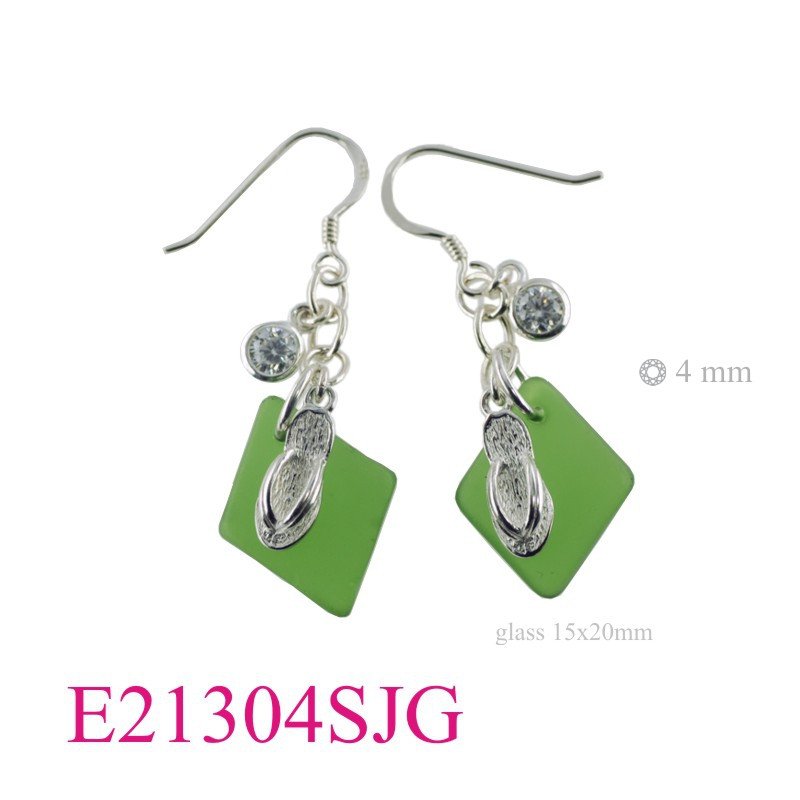 CZ Earrings, Sea Earrings, sandal + round CCZ and 15x20mm diamond shape Green Sea Glass.
