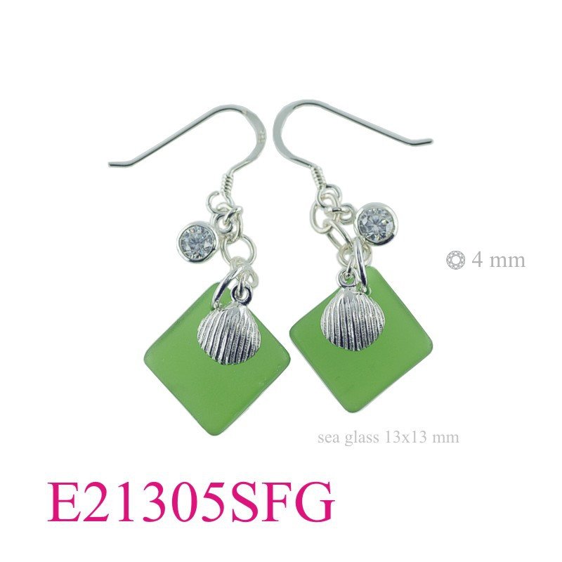 CZ Earrings, Sea Earrings, Clam Earrings, clam + round CCZ and 13mm diagonal square shape Green Sea Glass.