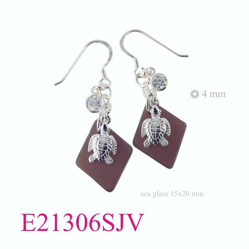 Turtle Earrings, turtle + round CCZ and 15x20mm diamond shape Violet Sea Glass.