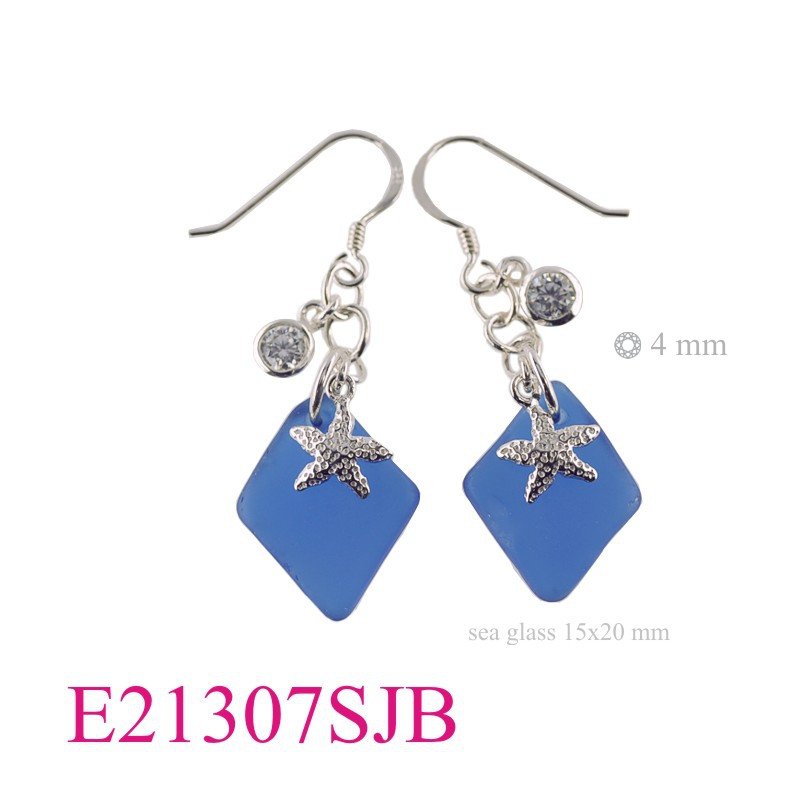 Starfish Earrings, Sea glass Earrings, star fish + round CCZ and 15x20mm diamond shape deep Blue Sea Glass.