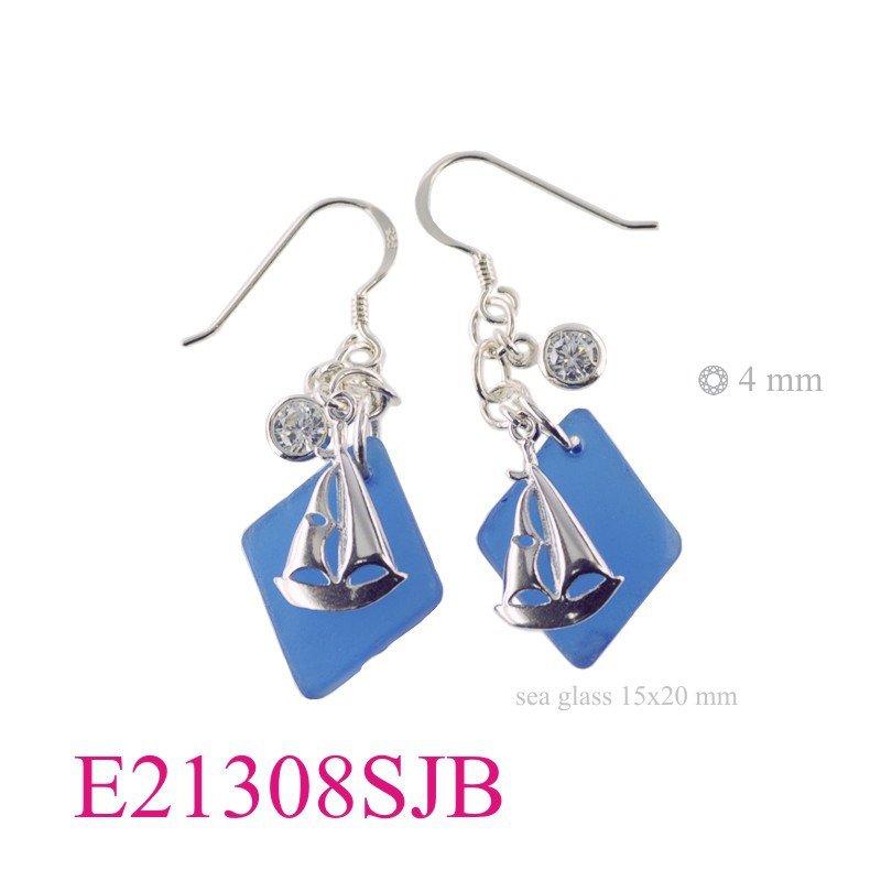 Sailboat Earrings, sailing boat + round CCZ and 15x20mm diamond shape deep Blue Sea Glass.