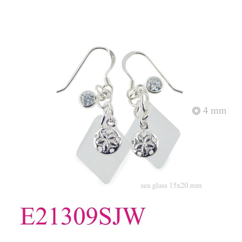 CZ Earrings, Sea Earrings, Sand Dollar Earrings, sand dollar + round CCZ and 15x20mm diamond shape White Sea Glass.