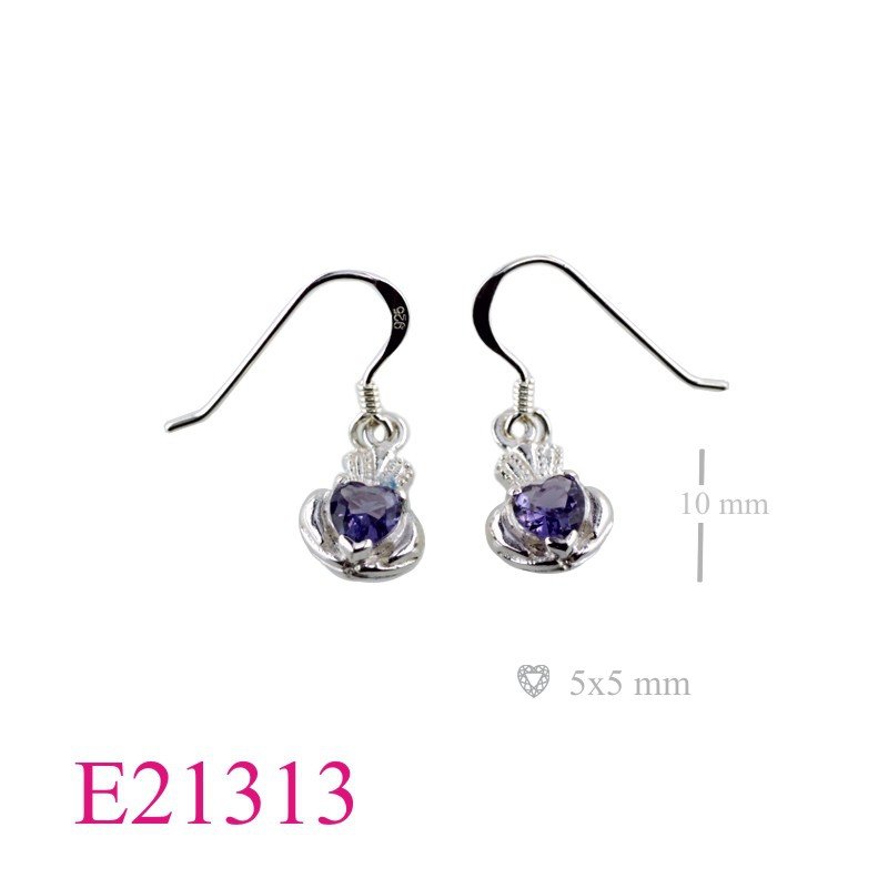 Claddagh Earrings, Heart Earrings, Claddagh with Amethyst Glass stones.