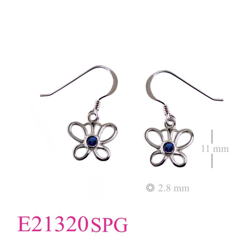 Earrings, opened butterfly with round sapphire Glass.