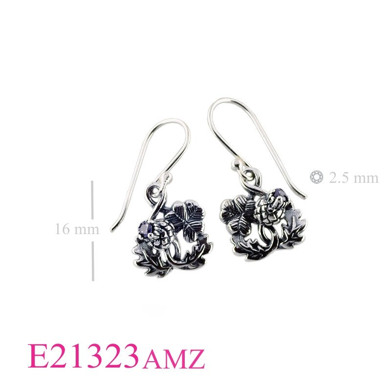 Thistle Earrings, Thistle and Shamrock design with Amethyst CZ stone.
