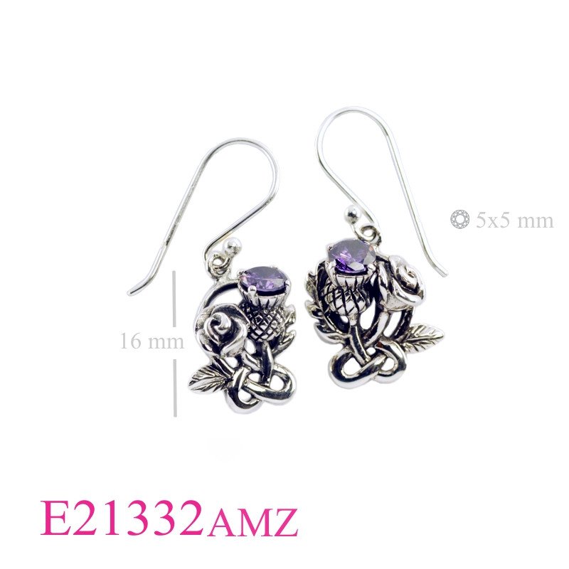 Rose Earrings, Thistle Earrings, CZ Earrings, Thistle and rose with Amethyst CZ.