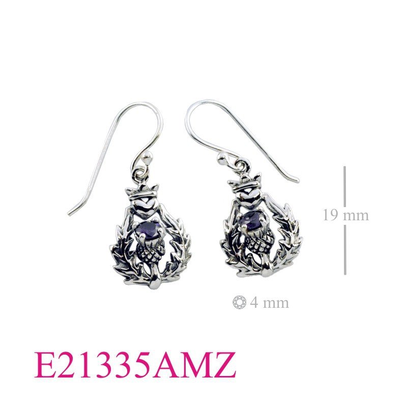 Heart Earrings, Thistle Earrings, CZ Earrings, Thistle and heart with round Amethyst CZ