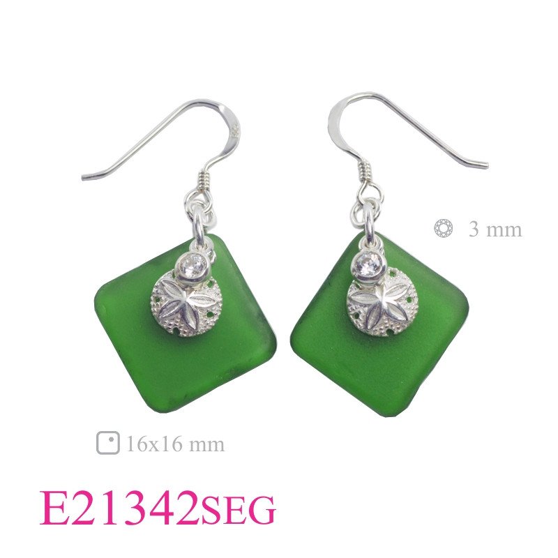 CZ Earrings, Sea Earrings, Sand Dollar Earrings, sand dollar + 3mm round CCZ and diagonal square Blue sea Glass.