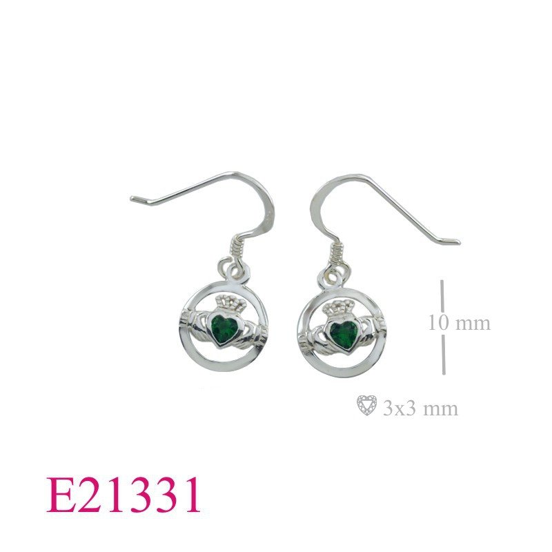 Claddagh Earrings, Heart Earrings, round Claddagh with Emerald Glass.