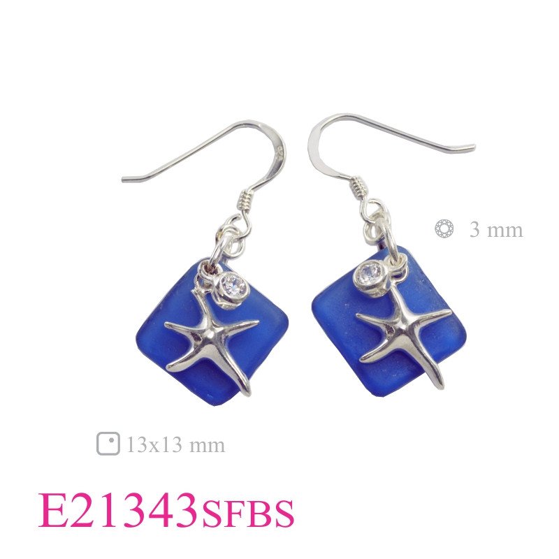Starfish Earrings, Sea glass Earrings, starfish + 3mm round CCZ and 13mm diagonal square deep Blue sea Glass.