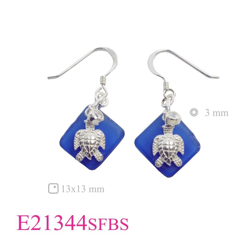 Turtle Earrings, sea turtle + 3mm round CCZ and 13mm diagonal square deep Blue sea Glass.