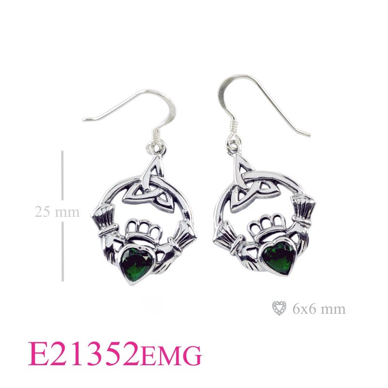 Claddagh Earrings, Heart Earrings, round Trinity Claddagh with Emerald Glass stone.