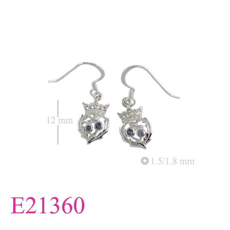 Earrings, crowned 2 thistles with Amethyst Glass stones.