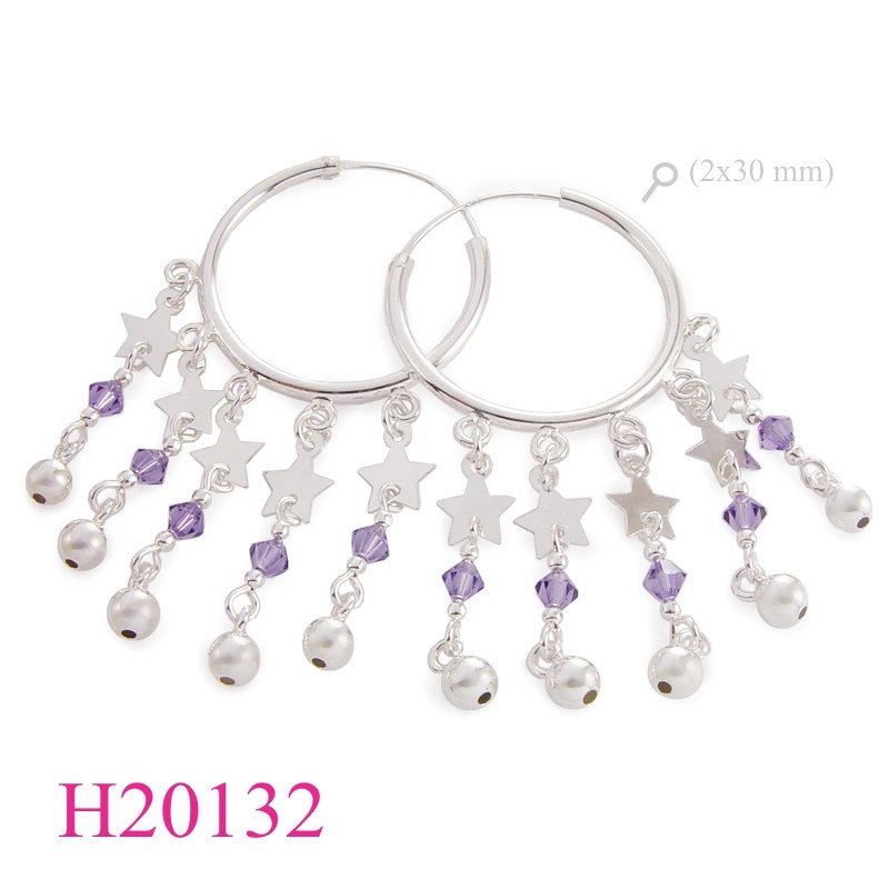 Star Earrings, 2x30mm hoop and 5 hanging crystals and stars..