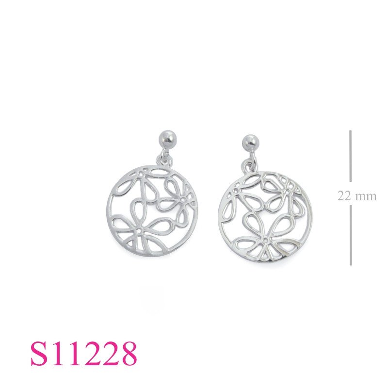 Earrings, Rhodium plated stencil round flowers design.