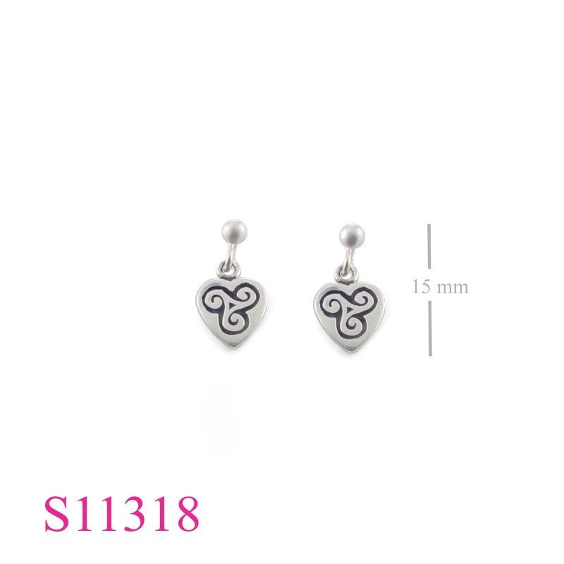Heart Earrings, Triskelion Earrings, Triskelion in heart and ball post.