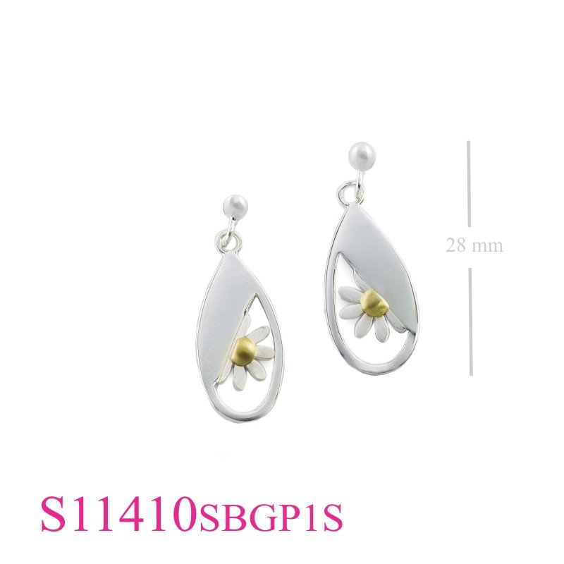 Earrings, flower in drop with Gold plated in center.