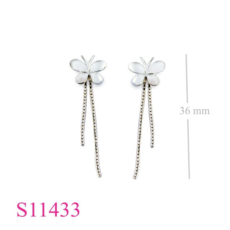 Earrings, butterfly with hanging box chains.