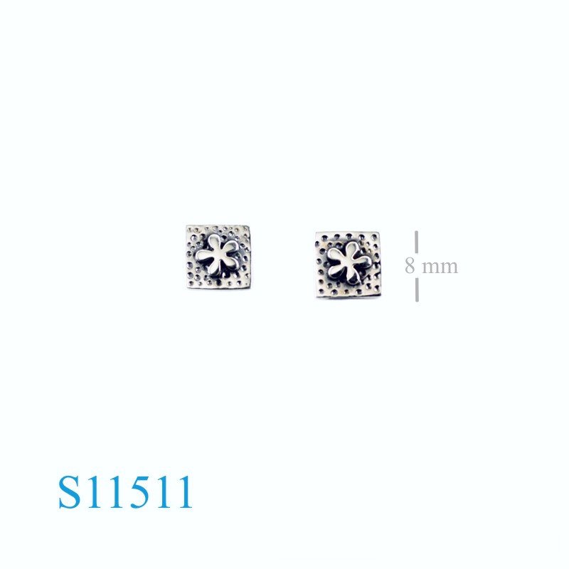 Earrings, flower on dot pattern square.