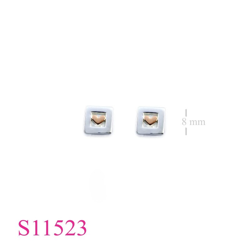 Earrings, heart inside square.