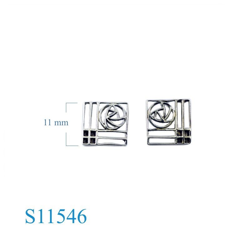 Earrings, Mckintosh rose on square.
