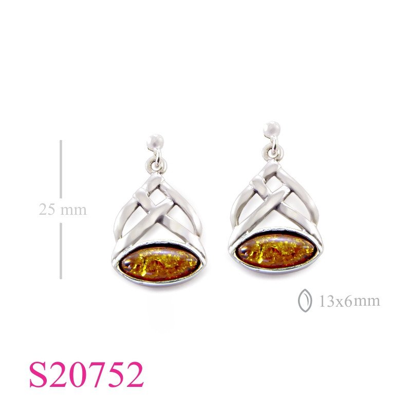Stone Earrings, celtic with 13x6mm marquise Real Amber stone.