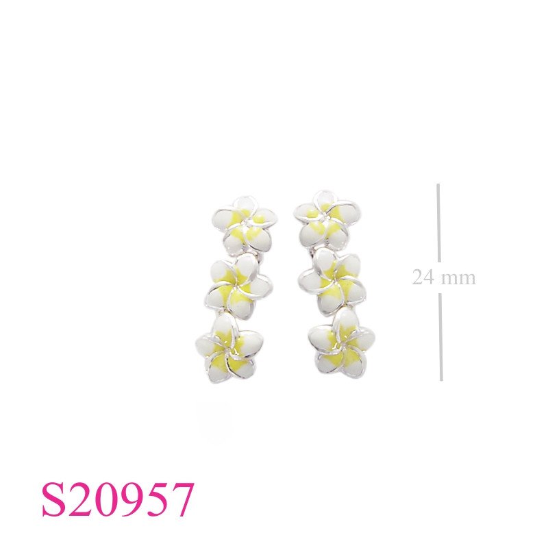 Earrings, enamel 3 small champac flowers.