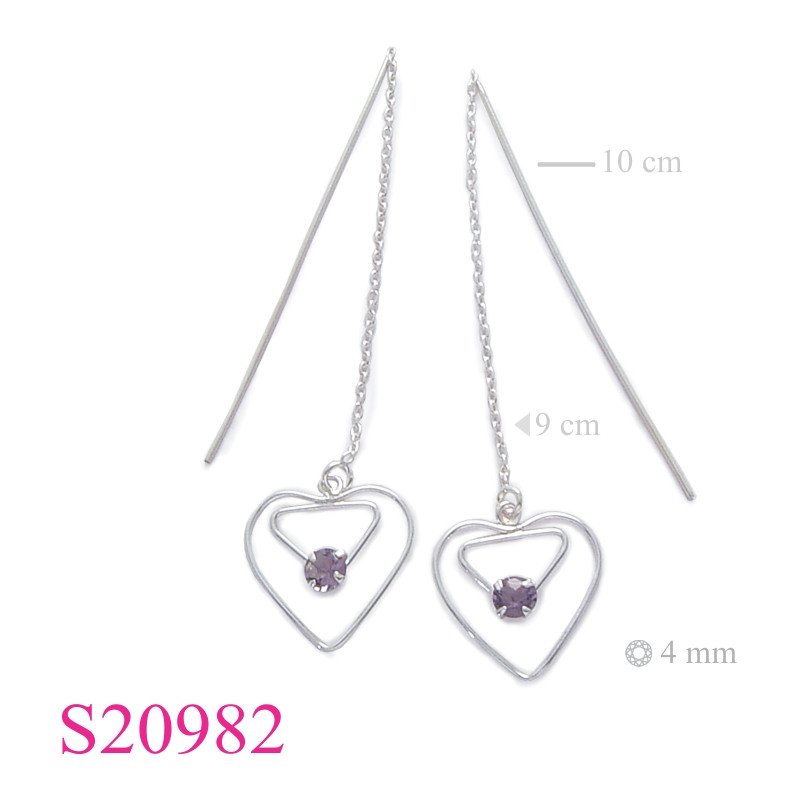 Earrings, heart shape hang thru with crystal.