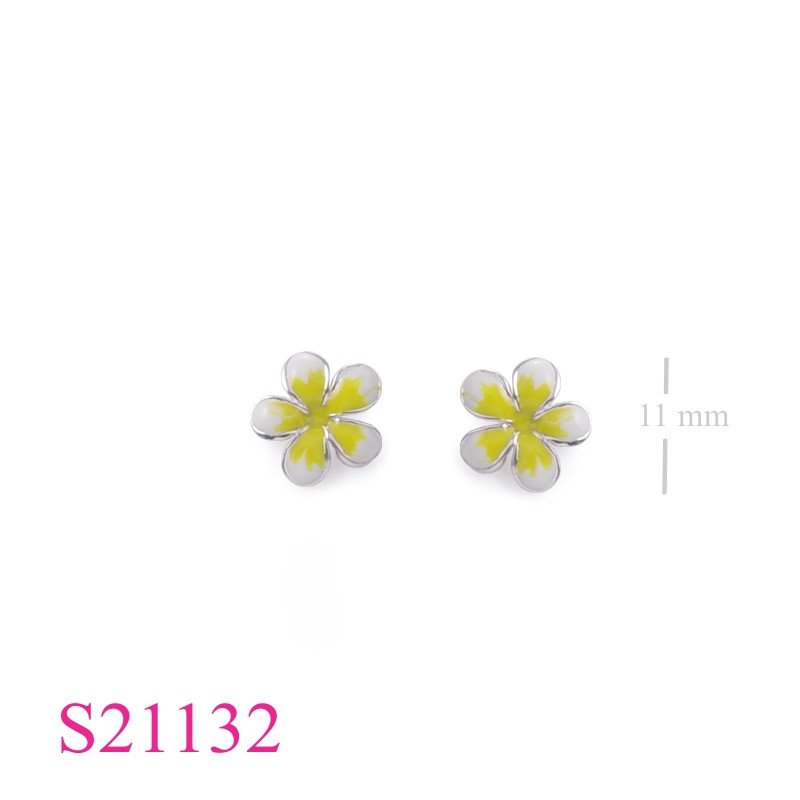Flower Earrings, Plumeria Earrings, enamel 11mm.